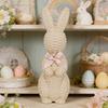 Rattan Effect Resin Easter Bunny Figurine Wicker Rabbit Statue with Bow for Spring Table Centerpiece Indoor Outdoor Patio Yard Farmhouse Home Decor