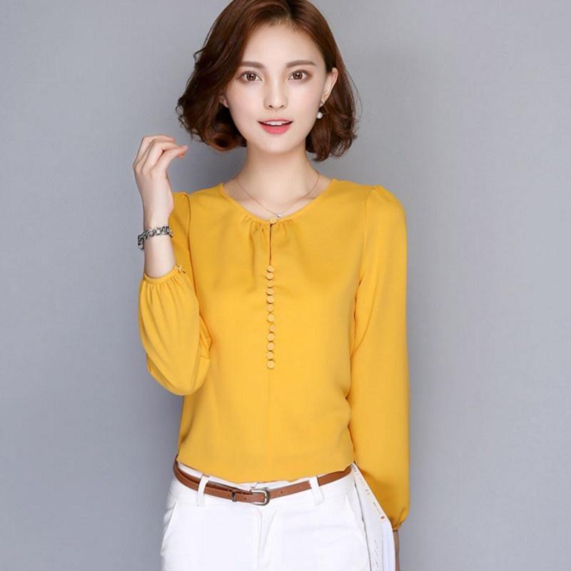 Elegant Summer Female Shirt Long Sleeve Blouse Button Women Office Chiffon Ruffle Tops For Stylish Comfort