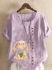 Women's Fashion Rabbit Print Casual Cotton Linen Short Sleeve Round Neck T-shirt Shirt Leisure Loose Summer Blouse Tops