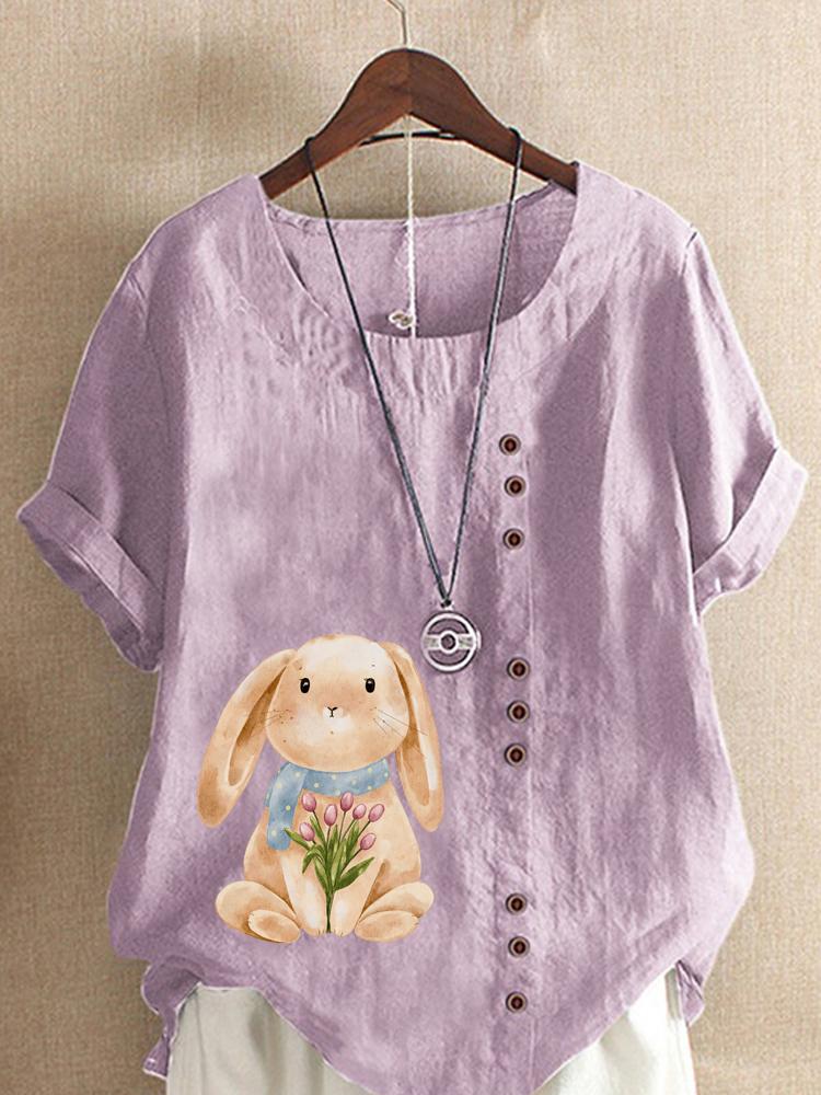Women's Fashion Rabbit Print Casual Cotton Linen Short Sleeve Round Neck T-shirt Shirt Leisure Loose Summer Blouse Tops