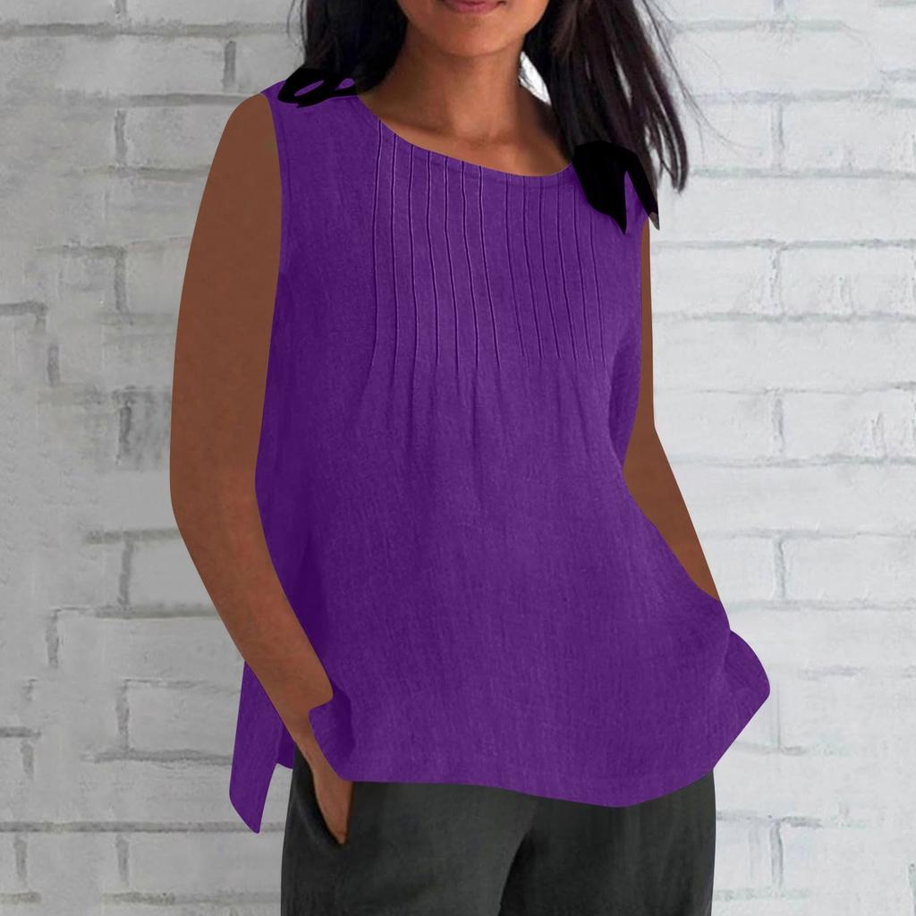 Women's Fashionable And Casual Sleeveless Vest Solid-color Cotton And Linen Pleated Sleeveless Top T-shirt