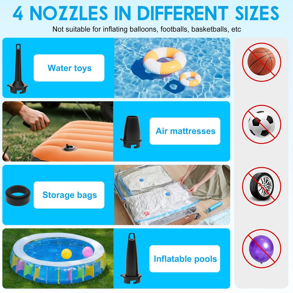 Portable Electric Air Pump USB Rechargeable Cordless Air Pump with 5200 mAh Battery and 4 Nozzle for Inflatable Bed Yoga Ball