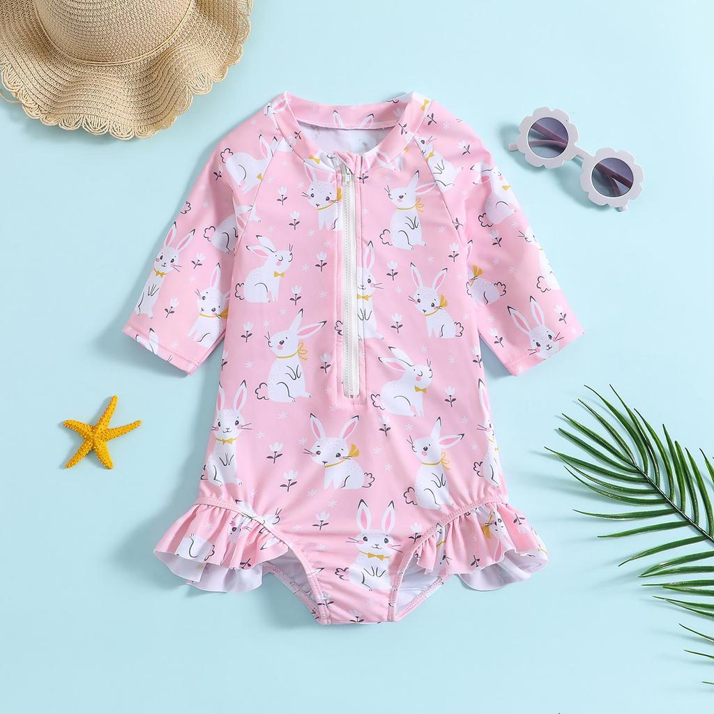 Girls' Cartoon One-Piece Swimsuit with Sun Protection