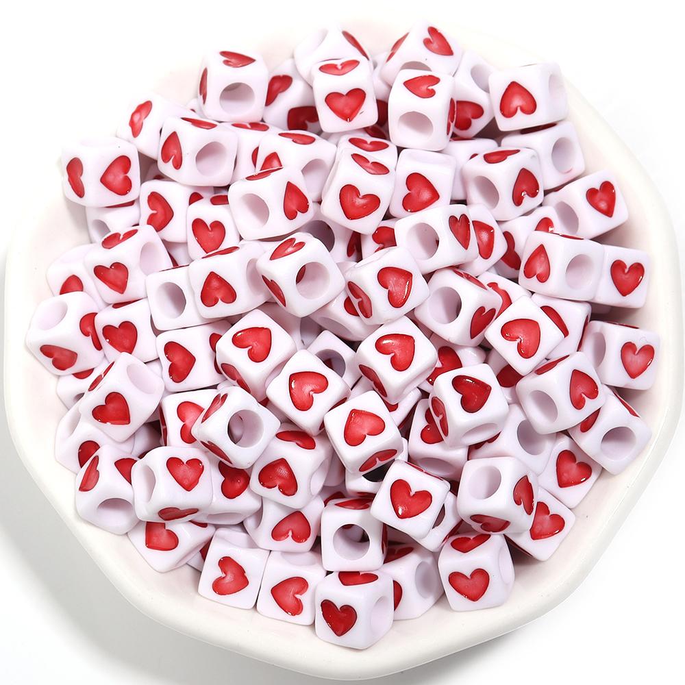 100Pcs 6mm Acrylic Drop Oil Beads Colorful Heart Pattern Square Loose Beads For DIY Bracelets Phone Chains Jewelry Supplies