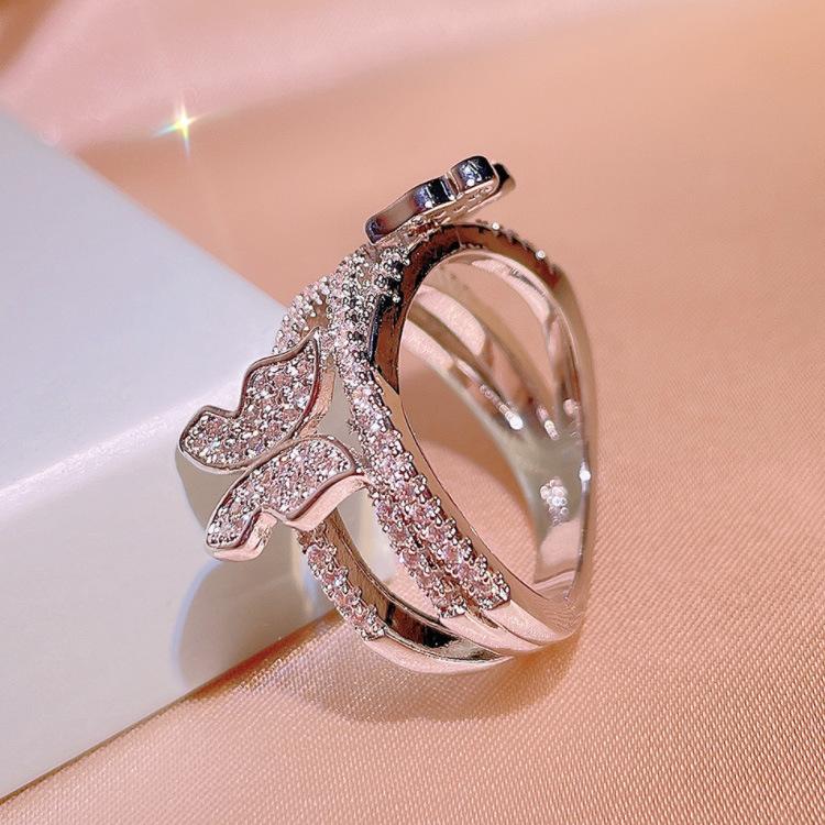 Sweet and Elegant Bow Ring Zircon Ring Feminine Chic Overlapping Index Ring