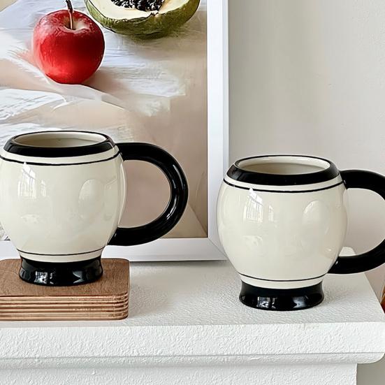 Coffee Cup 310ml Minimalist Ceramic Tea Mug Thickened Retro Black & White Coffee Cup with Ergonomic Handle Juice Milk Water Cup for Home Office