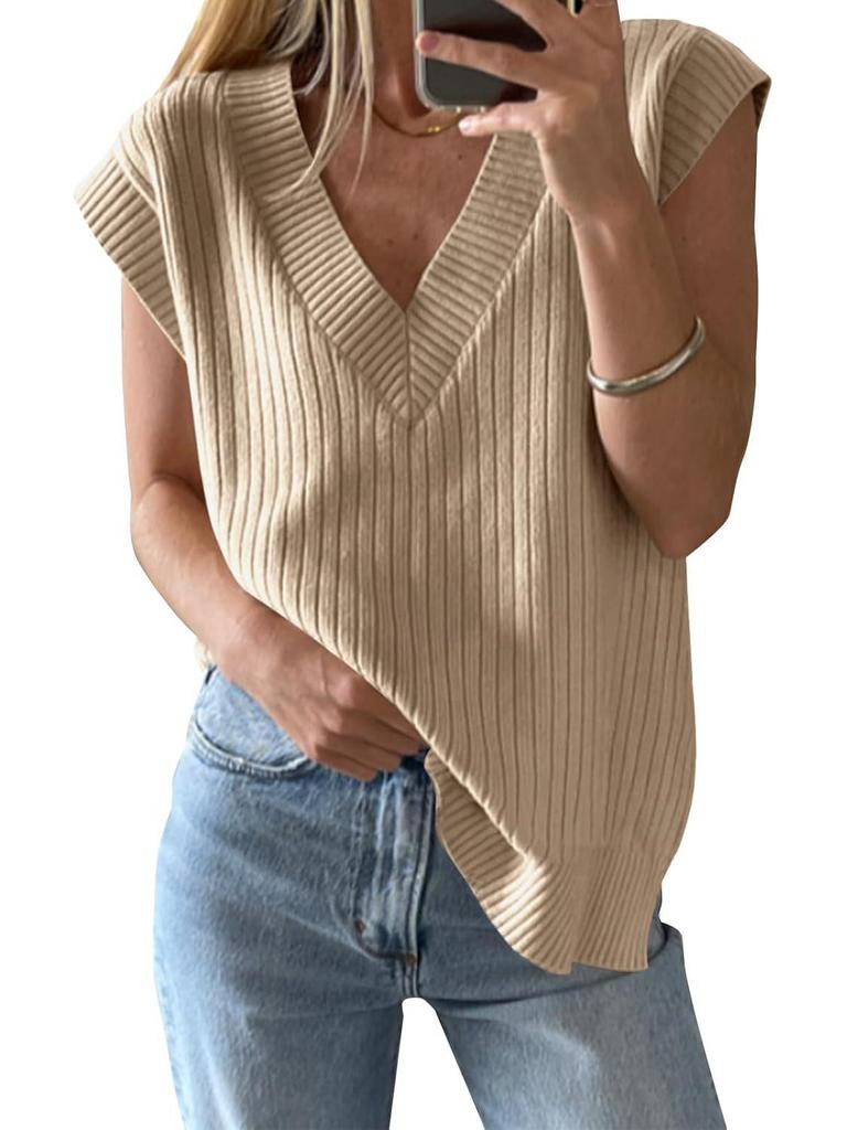 2025 New European & American Women's V-Neck Short-Sleeve Knitted Top - Versatile Loose Sweater In Solid Color
