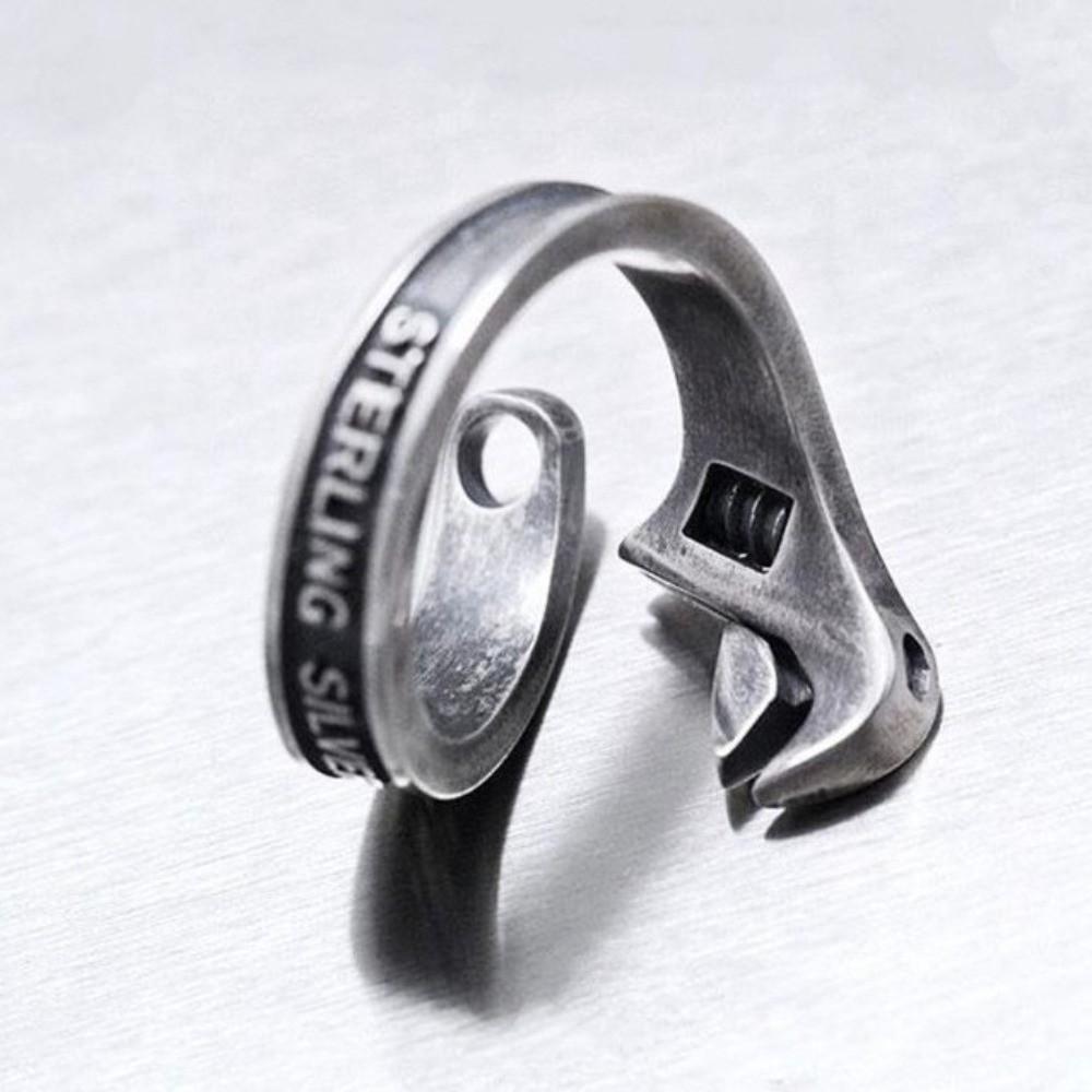 Heavy Duty Spanner Finger Ring Silver Plated Biker Jewelry Wrench-Shaped Open Ring Boys Girls