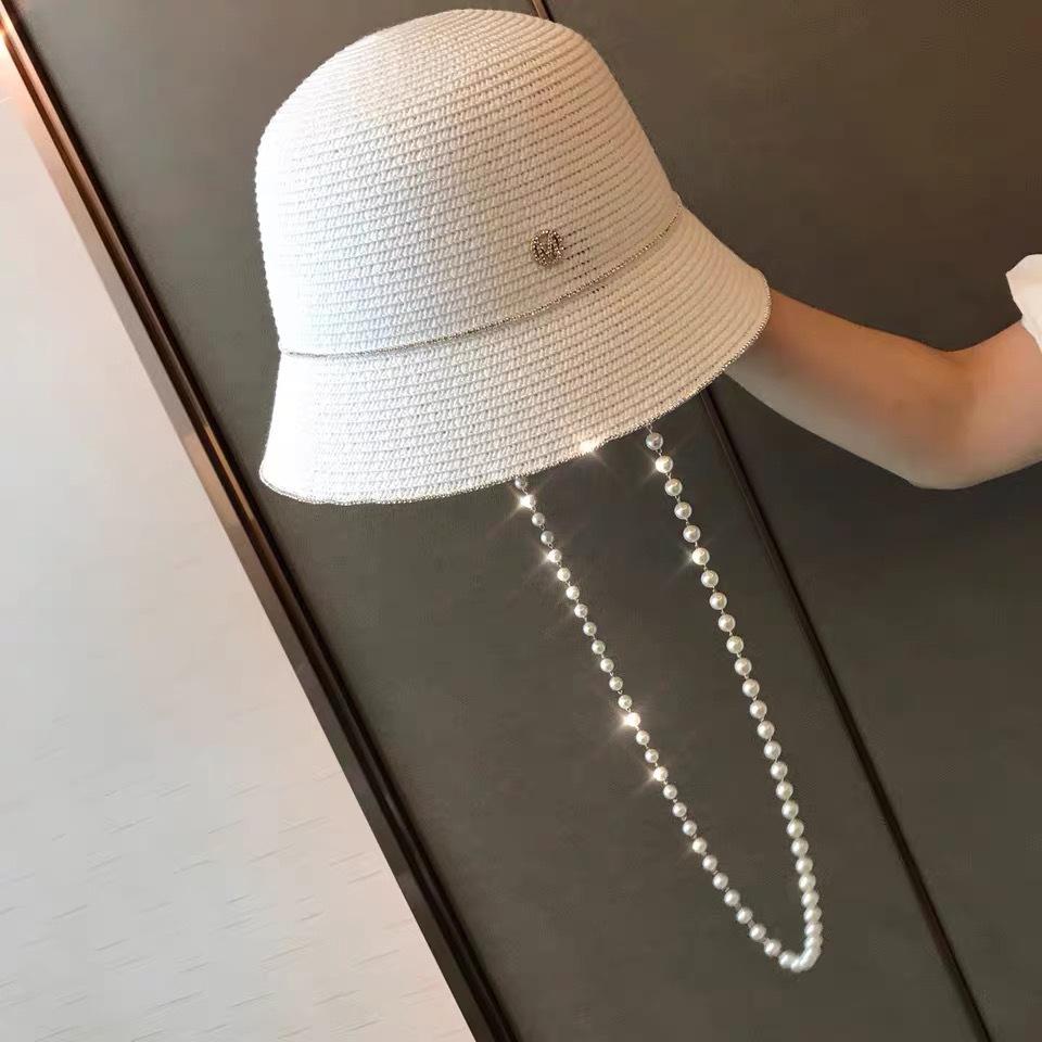Summer Pearl Chain Bucket Basin Hat Outdoor Travel Anti-Sun Cover Face Straw Bucket Hat Women'S Diamond Sun Hat