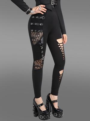 Rosegal Gothic Skulls Mesh PU Strap Buckle Grommet Cutout Skinny Pants