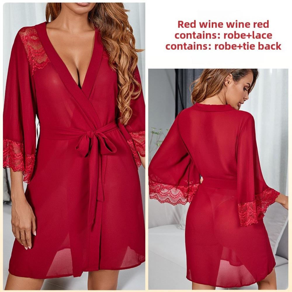 

Сексуальна піжама Шифонова мереживна вставка Прозора нічна сорочка Спокуса Кардиган Халат L