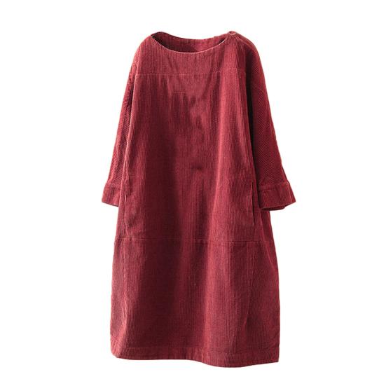 Women Solid Color Long Sleeve O Neck Corduroy Pockets Plus Size Loose Midi Dress