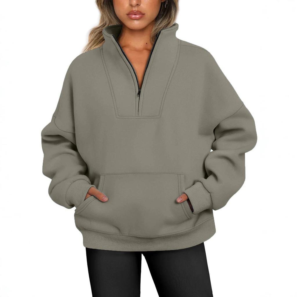 2023 Autumn-Winter Women's Fleece Stand Collar Zipper Hoodie with Pockets
