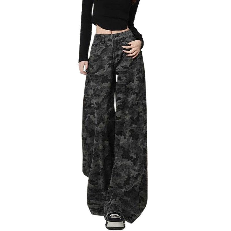 Plus Size High-Waisted Camouflage Wide-Leg Jeans for Women - Slimming, Flaw-Hiding, Straight Leg Pants