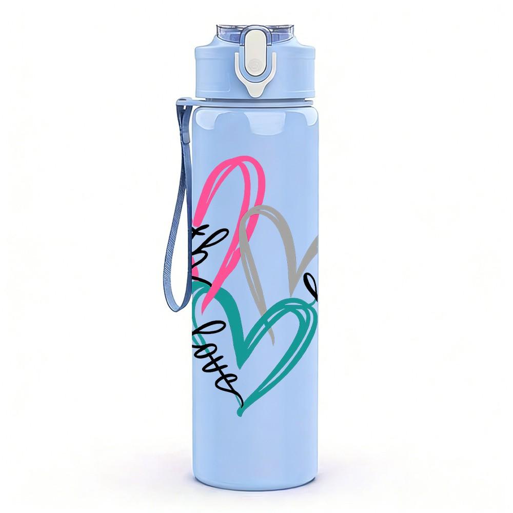 1PC Layered Paper Heart Love Print 750ml Color Plastic Sports Water Bottle Leakproof Flip Straw Lid Suitable for Sports Office Home Use