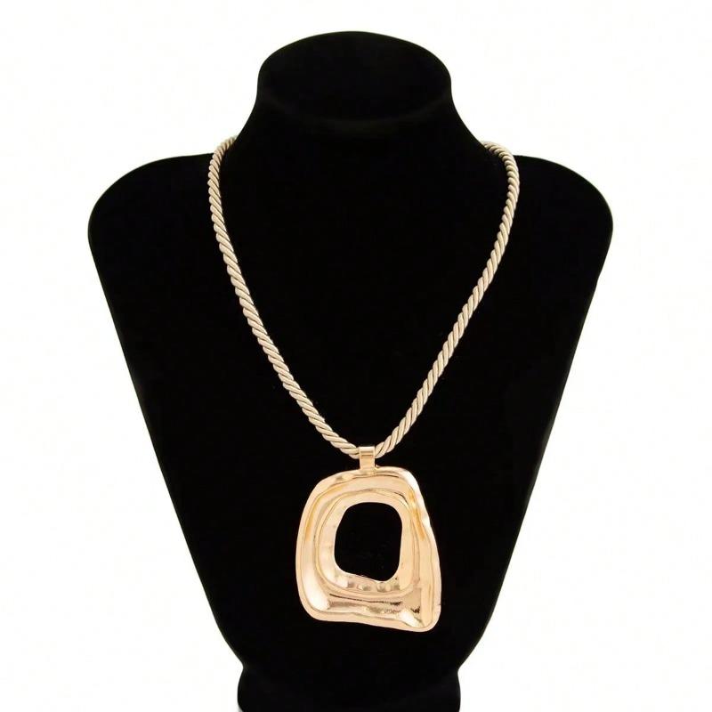 Matte Gold Color Asymmetrical Hollow Square Pendant Thick Rope Necklace for Gift Giving Women's Daily Party and Banquet Wear