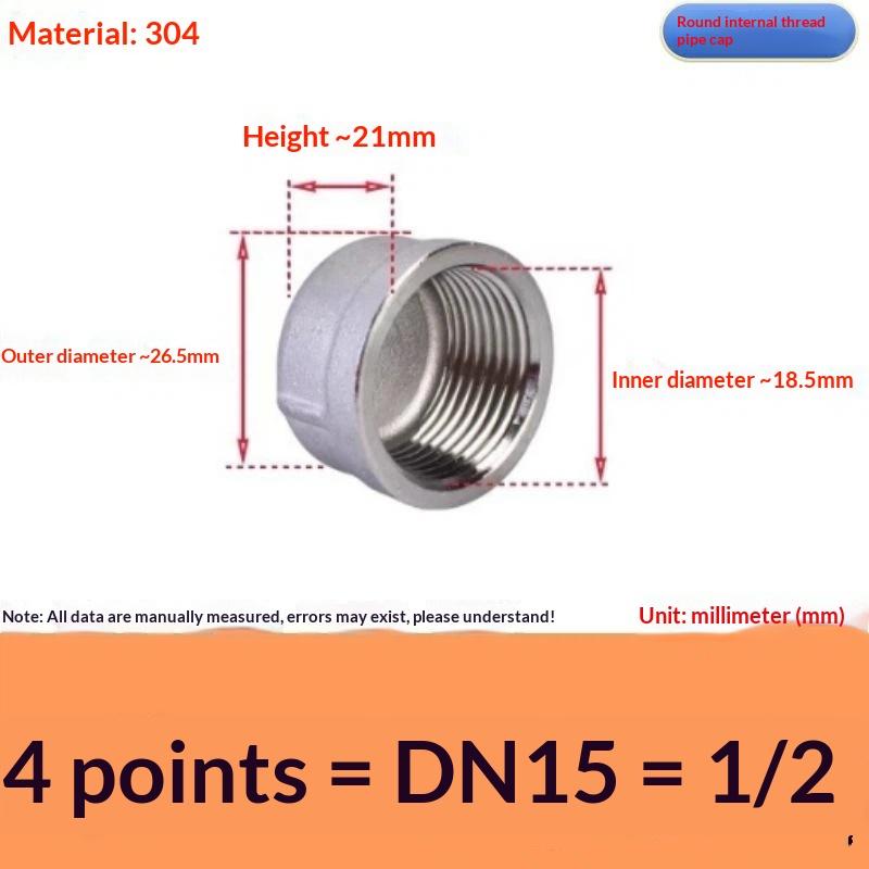 Internal Thread Pipe Cap Plug Wear Resistant 304 Stainless Steel Inner Wire Pipe Fitting for Agricultural Irrigation Pipes