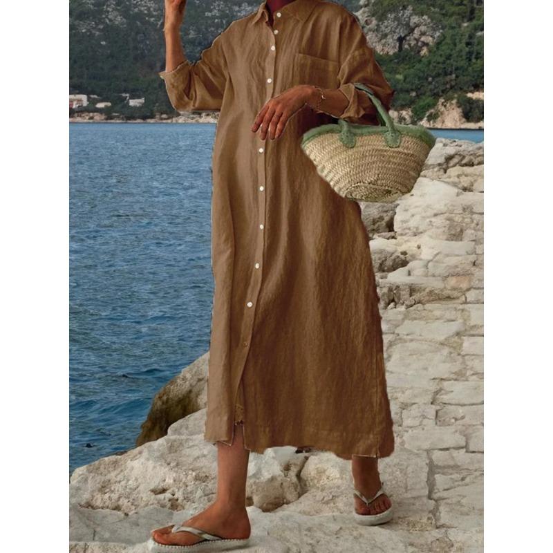 QICED Fashion Autumn Winter POLO Neck Long Sleeve Solid Color Print Casual Dresses