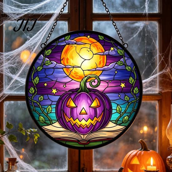 Decorative Hanging Ornaments for Windows Halloween Pumpkin Suncatcher, Stained Glass Style Round Window Ornament, Acrylic Decorations Full Moon