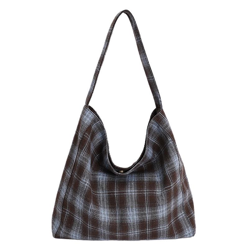 

2025 Vintage Women s Plaid Canvas Shoulder Tote – Large, Versatile & Casual for Autumn/Winter