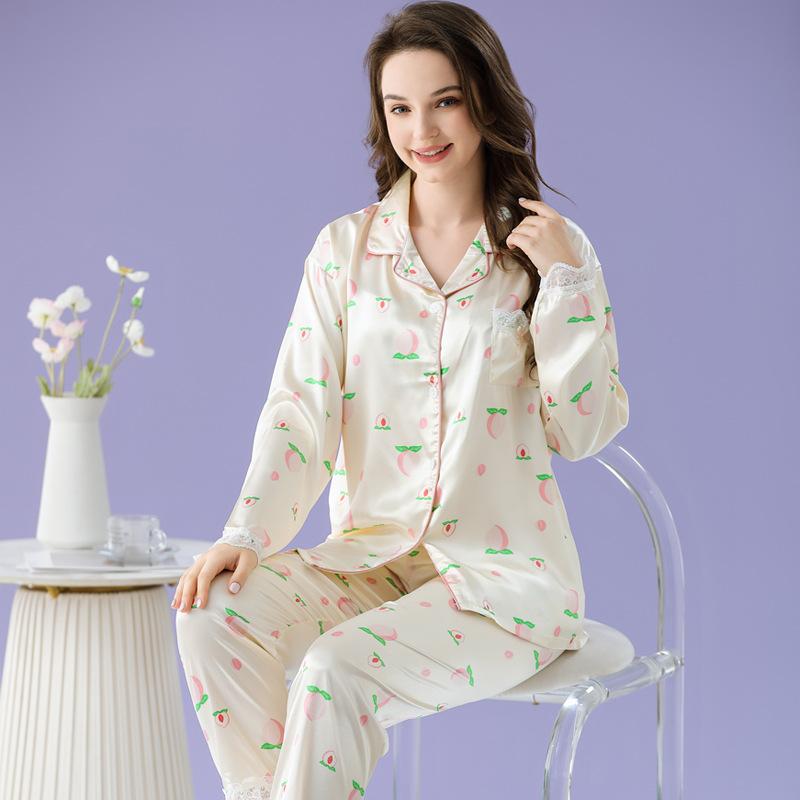 Girls Peach Long-Sleeved Ice Silk Pajamas Women S Casual Loungewear Set M