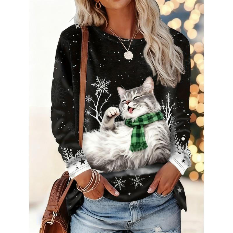 Christmas-themed women's snowflake and kitten print round neck long-sleeved T-shirt, festive black and white casual loose top