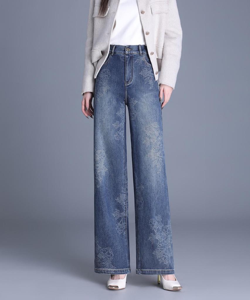 Women's Jacquard Wide-Leg Jeans: Slim Fit, High Waisted, Retro Style for Autumn/Winter