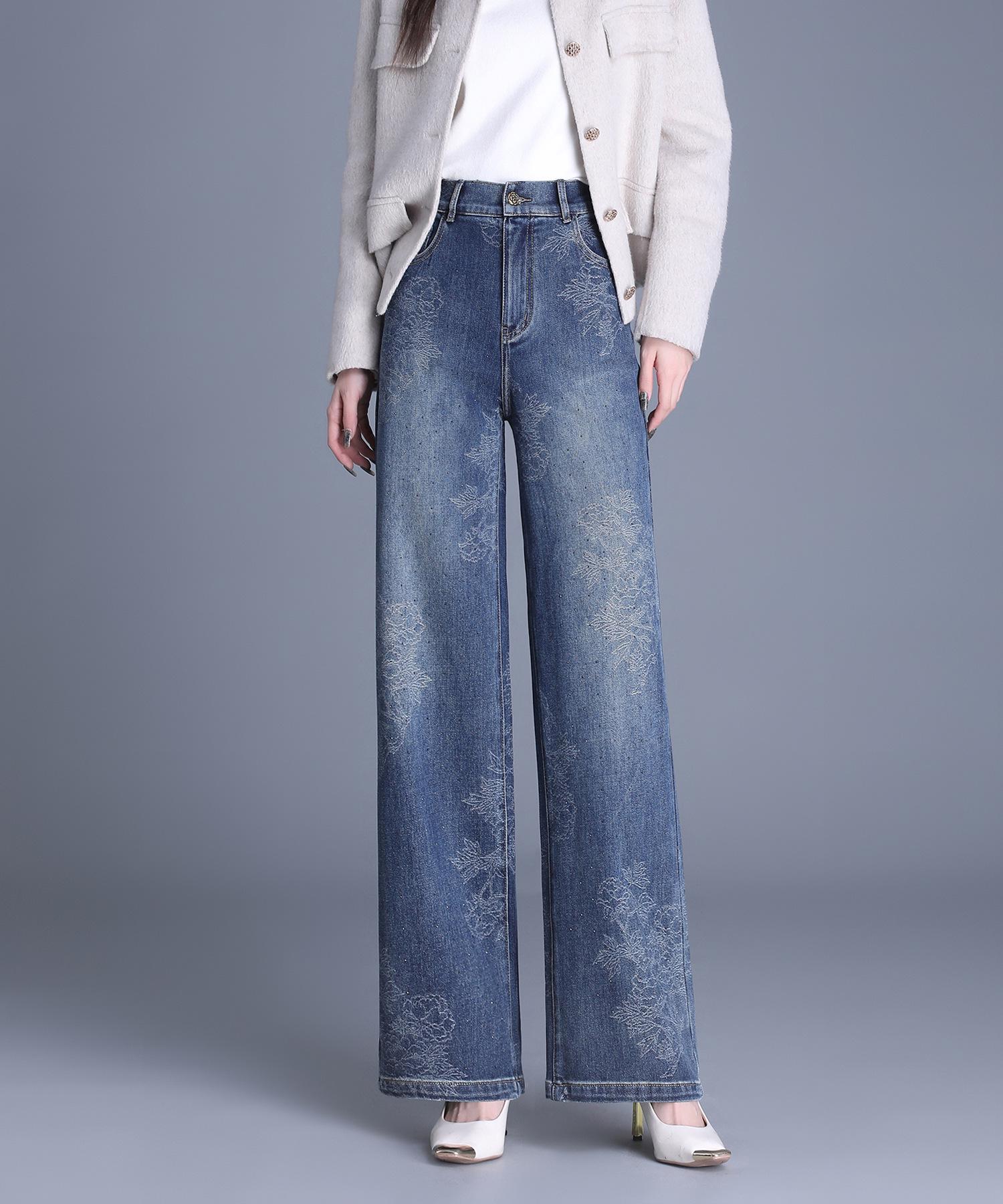 

Women s Jacquard Wide-Leg Jeans: Slim Fit, High Waisted, Retro Style for Autumn/Winter M синий