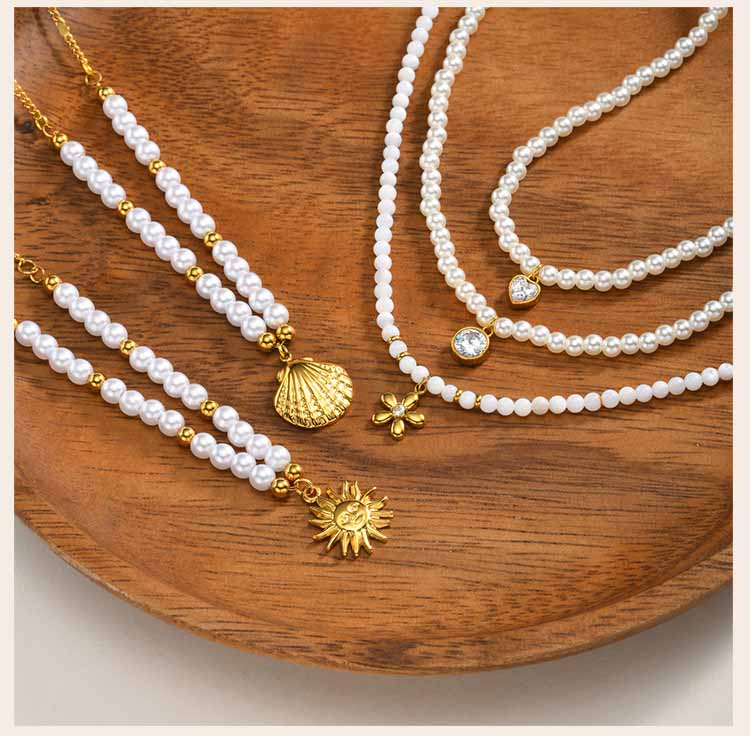 Pearl Beaded Pendant Necklace Stainless Steel 18K PVD Gold Plated Waterproof Tarnish Free Sun Shell Heart Zircon Choker Jewelry