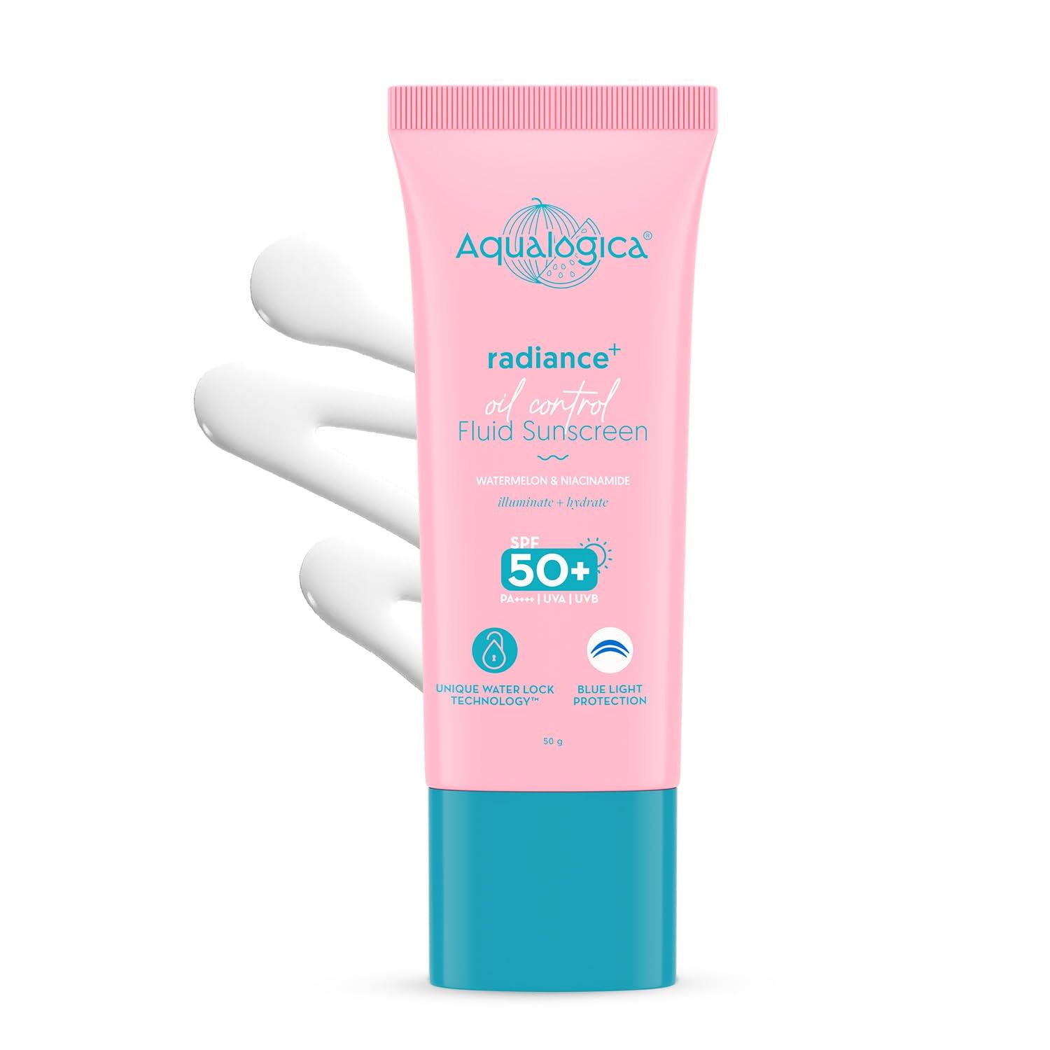 

Aqualogica Radiance+ Oil Control Fluid Sunscreen for Oily Skin - 50g | Ultra-Light Fluid Texture | SPF 50+ PA++++ UVA, B & Blue Light Protection