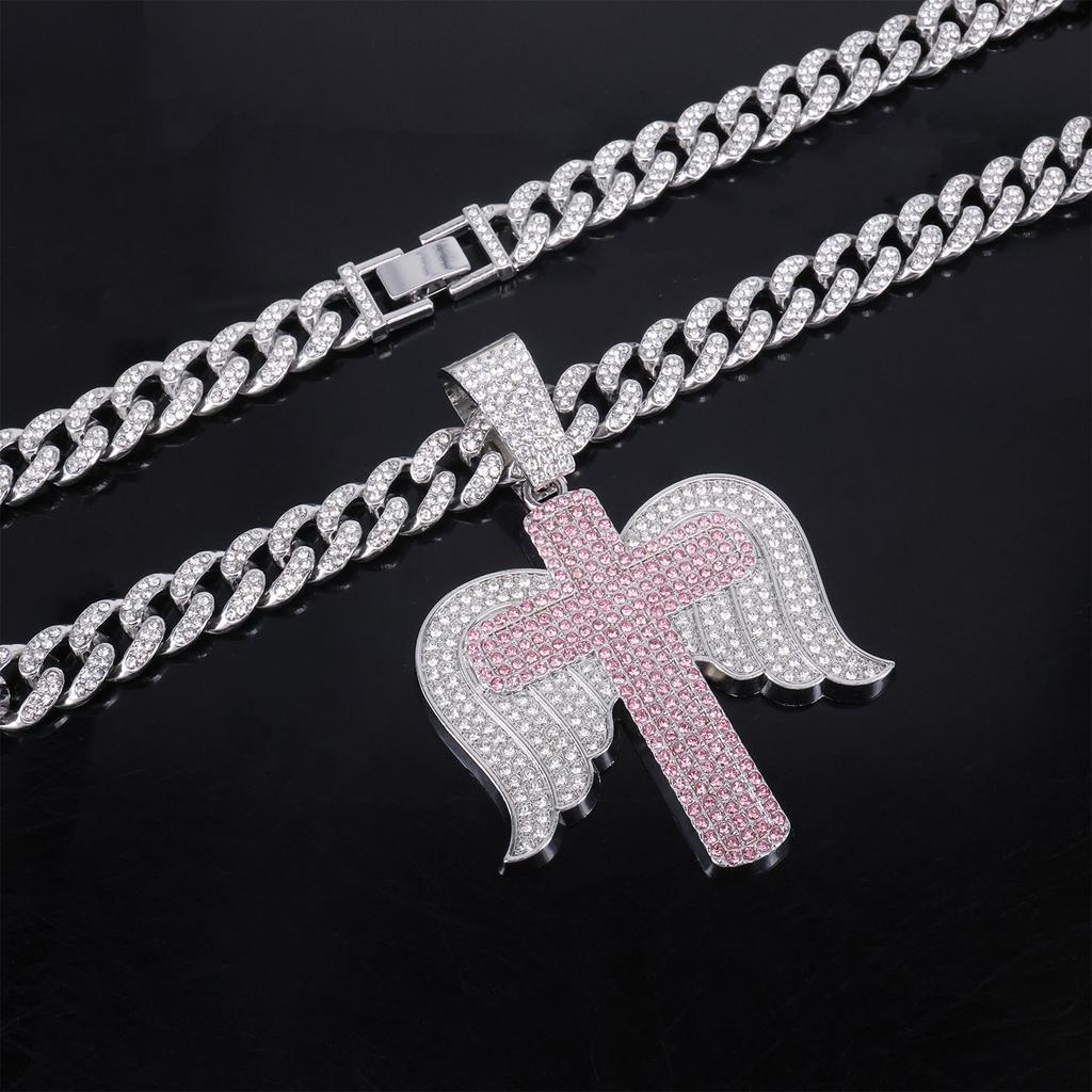 Alloy Necklace Men Trend Cross Angel Wings Pendant, Stylish Full Rhinestone Cool Hip Hop Jewelry