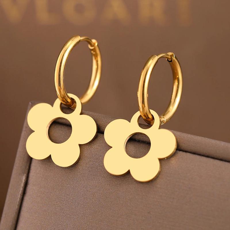 Stainless Steel Earrings Cute Cartoon Flower Pendants Korean Fashion Hoop Earrings For Women  Best Friend Wedding Gifts