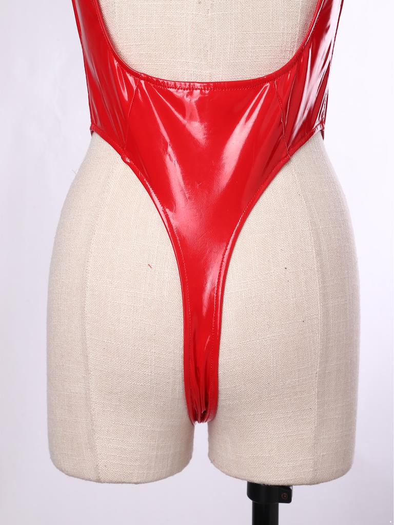 Womens Glossy Pu Leather Bodysuit Mock Neck Metal D Ring Open Front Backless High Cut Leotard