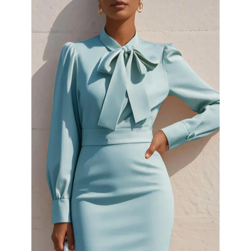 DAFIFY Women's Fashion Spring Fall Solid Color Print Long Sleeve High Waist Casual Dresses