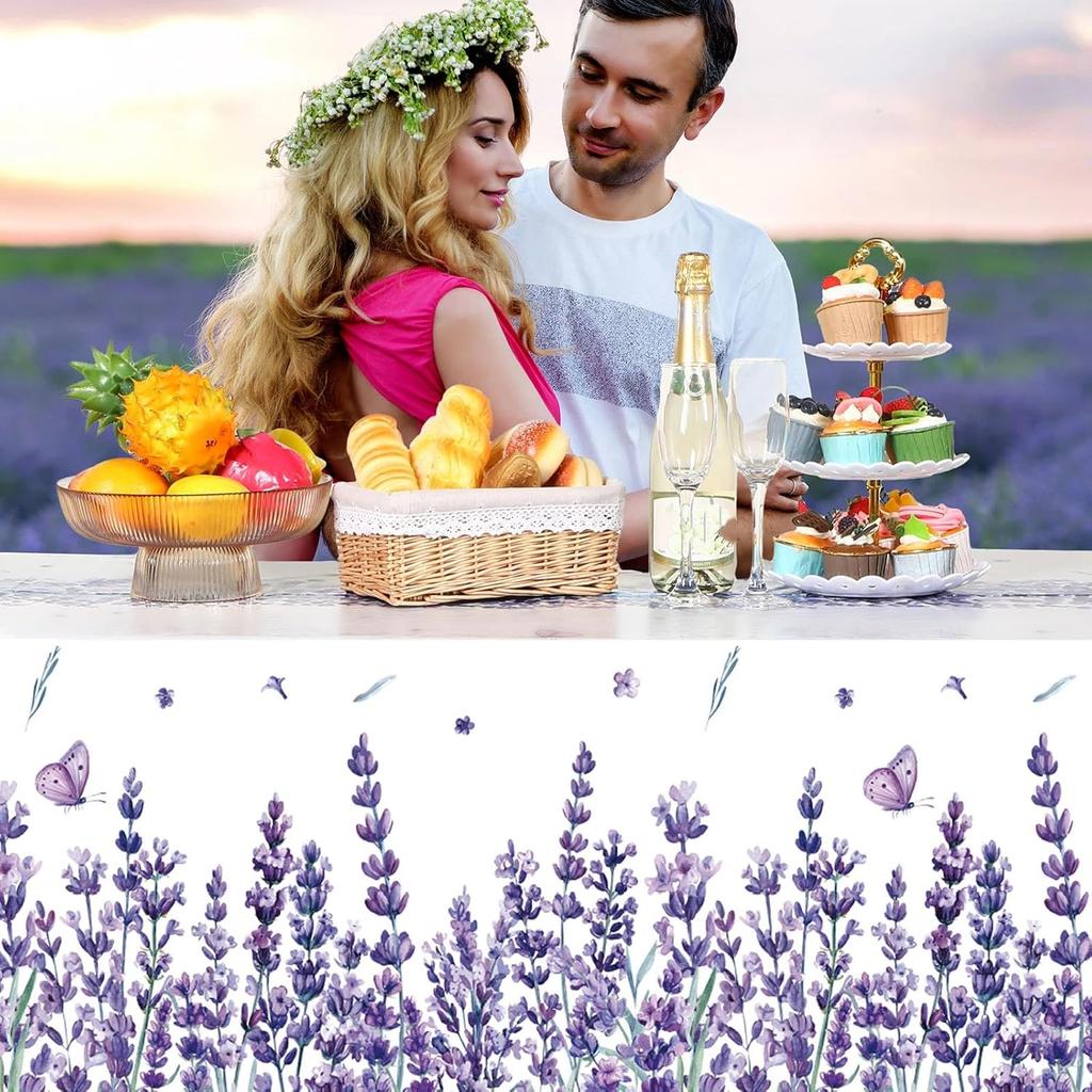 Peryiter 3 Pcs Spring Summer Floral Tablecloths Plastic Lavender Table Covers 54 x 108 Inch Watercolor Purple Floral Tablecloth for Spring Easter