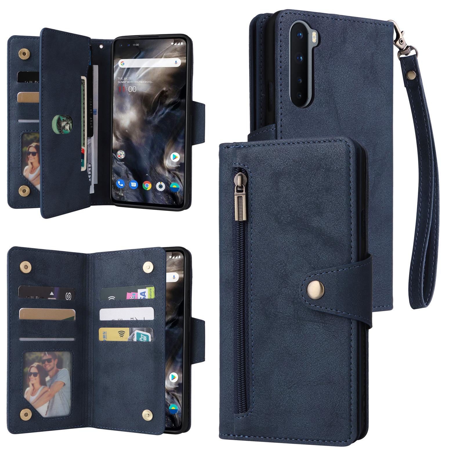 

For OnePlus Nord Case PU Leather Foldable Stand Wallet Phone Cover with Rivet Decor Blue