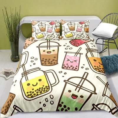 Lovely Cartoon Food King Queen Duvet Cover Pearl Milk Tea Bedding Set Kids Teens Adults Dessert Fries Cola Polyester Quilt Cover