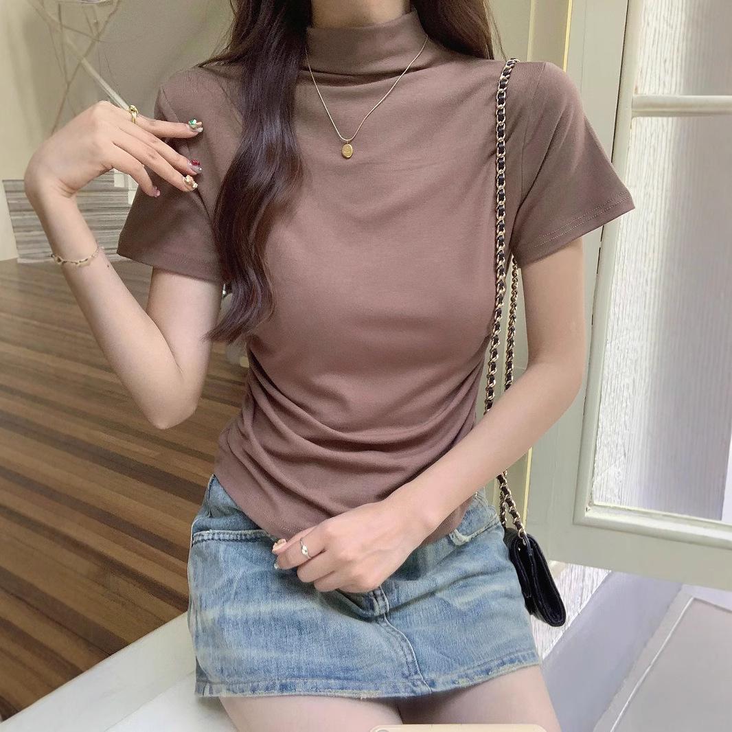 

Women s Slim-Fit Half-High Neck Short-Sleeve T-Shirt - Summer 2025 Trendy Base Layer L