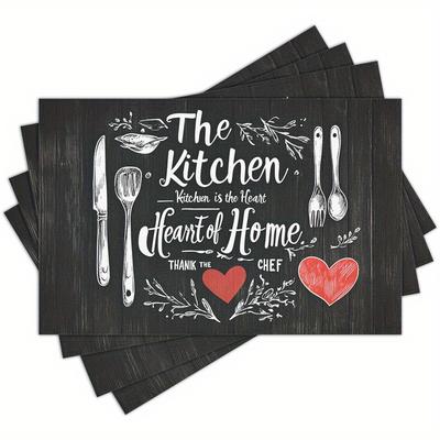 [Manteles de Poliéster] 4 Piezas Lavables de Poliéster Manteles Estampados "La Cocina es el Corazón" - Manteles Rectangulares para Mesa de Comedor