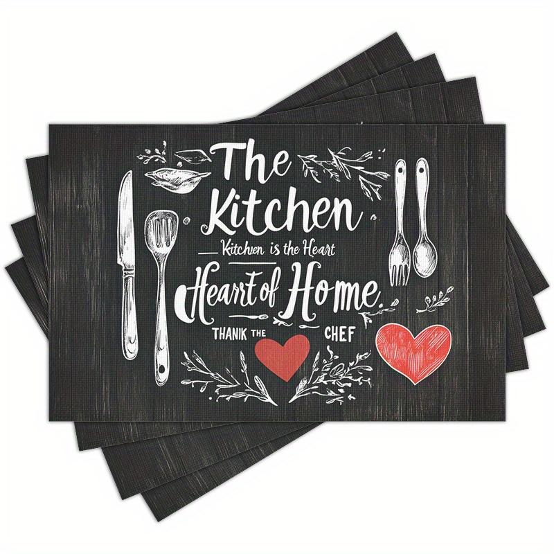 [Полиэстеровые салфетки под тарелки] 4 шт. Моющиеся полиэстеровые салфетки с принтом  Кухня - это сердце  - Прямоугольные салфетки для обеденного стола 4pcs / 30 * 45cm / 12 * 18inch