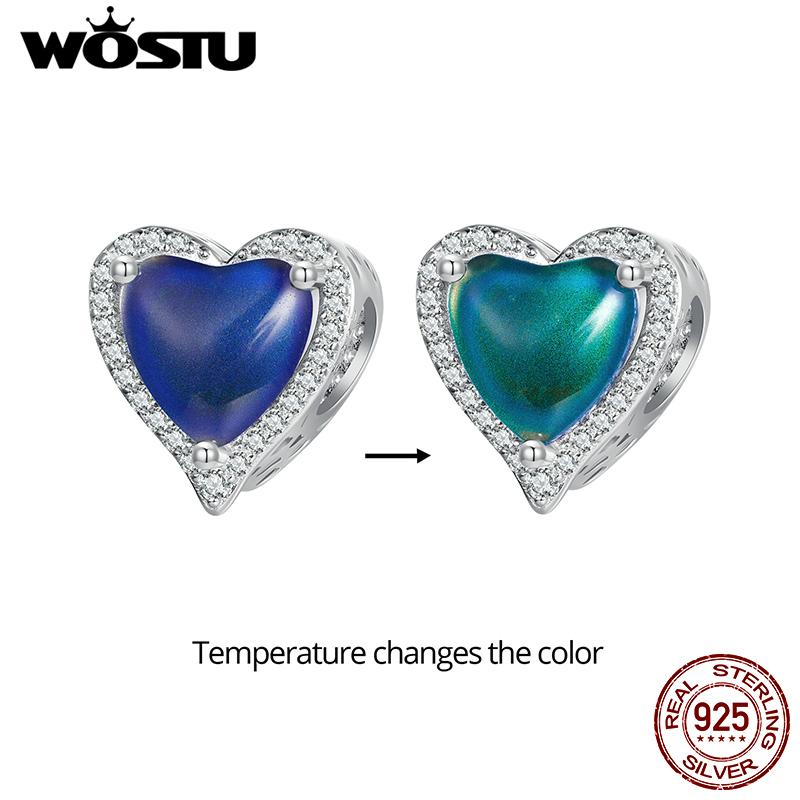WOSTU 925 Sterling Silver Heart Shape Thermosensitive Stone Charm Beads for Women Girls Bracelet & Bangle DIY Jewelry