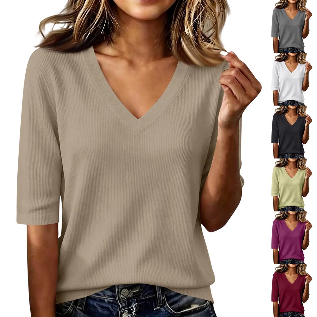 Women's Ribbed Half Sleeve V Neck T Shirt Slim Fit Stretchy Soft Fabric Casual Basic Top for Layering and Everyday Wear