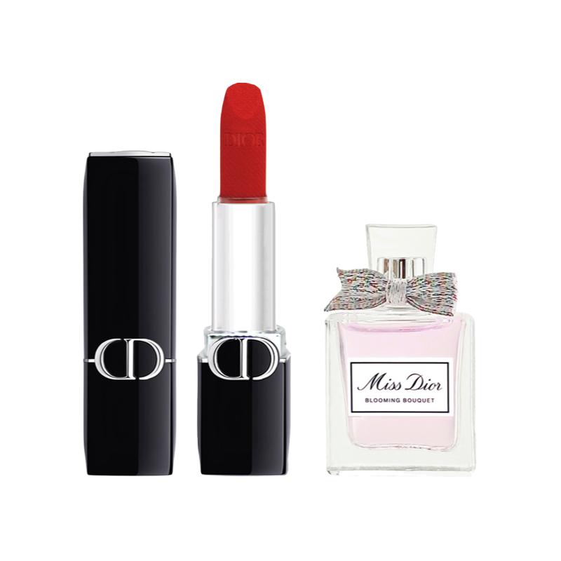DIOR Perfume Vibrant Blue Gold Lipstick Sample Makeup Trial Set Velvet Satin Brightening Color Lasting #velvet999 + flowery eau de toilette 5ml синий
