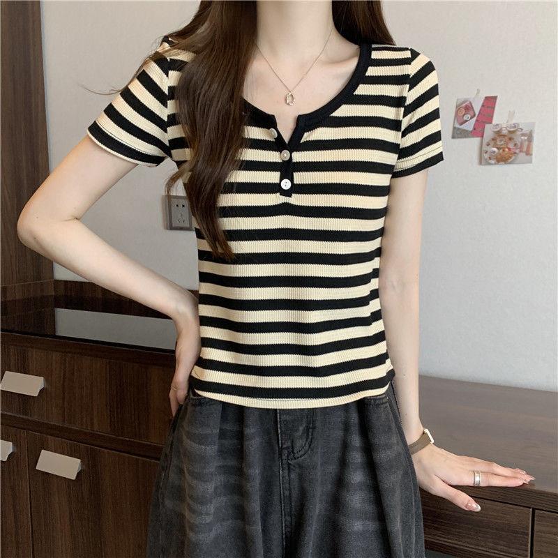 

Летние дофаминовые полосатые футболки контрастных цветов женская одежда V-образный вырез пуговицы базовый короткий рукав повседневные облегающие короткие пуловеры S чёрный