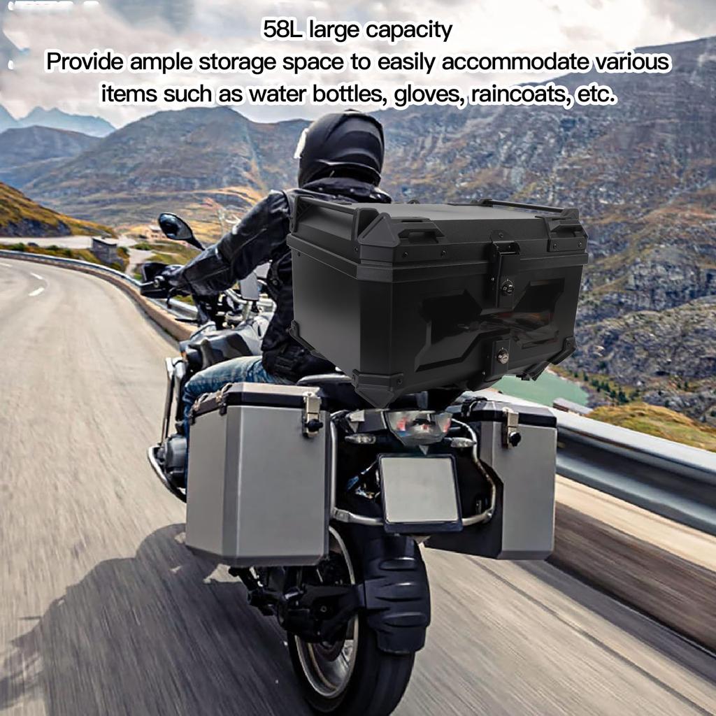 58L Motorcycle Top Box with Safety Lock Quick Release Universal Fit Water Resistant ABS Motorcycle Trunk Luggage Top Case For Helmet Black