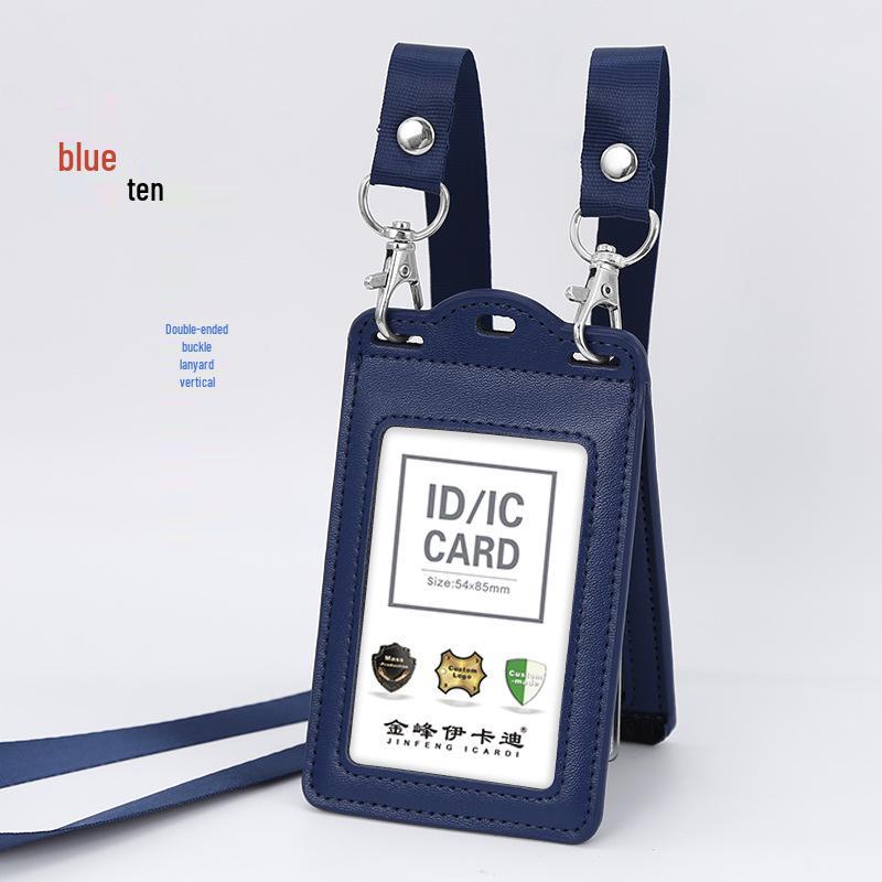 Genuine Leather Work ID Holder with Lanyard, Four Card Slots, Employee Badge Neck Strap.