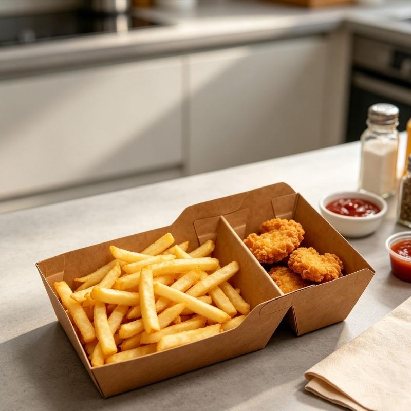 Disposable Paper Boats 100 Count Paper Serving Basket Trays with Two Separate Compartments, Open Food Servers That Fit Together for Presenting Fries
