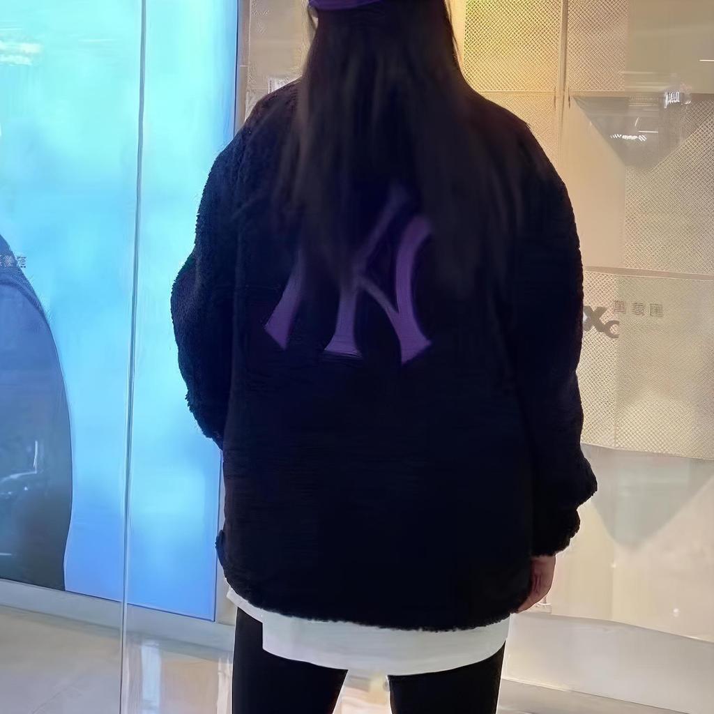 New Era Lamb Fleece Simple Color Block NY Embroidered Warm Stand Collar Jacket Unisex Jacket Black 12877416