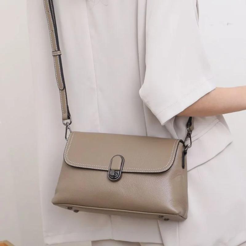 Full-Grain Leather Women's Underarm Square Bag - Lock Closure Single Shoulder Purse, Minimalist Multi-Pocket Crossbody for Work