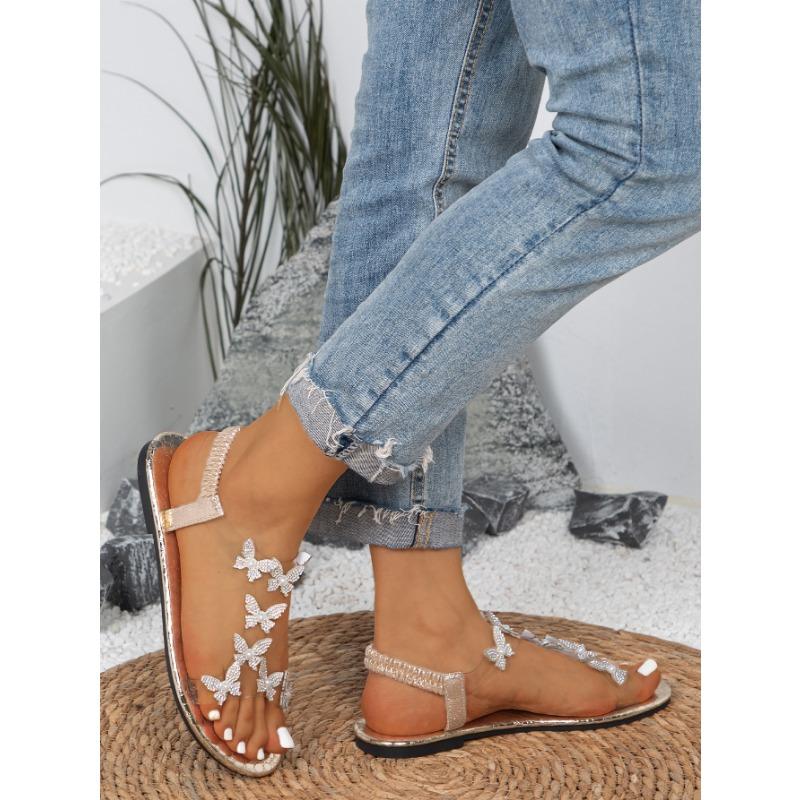 36-43 Size New Butterfly Rhinestone Flat Sandals with Soft Sole and Beach Heel Sandals